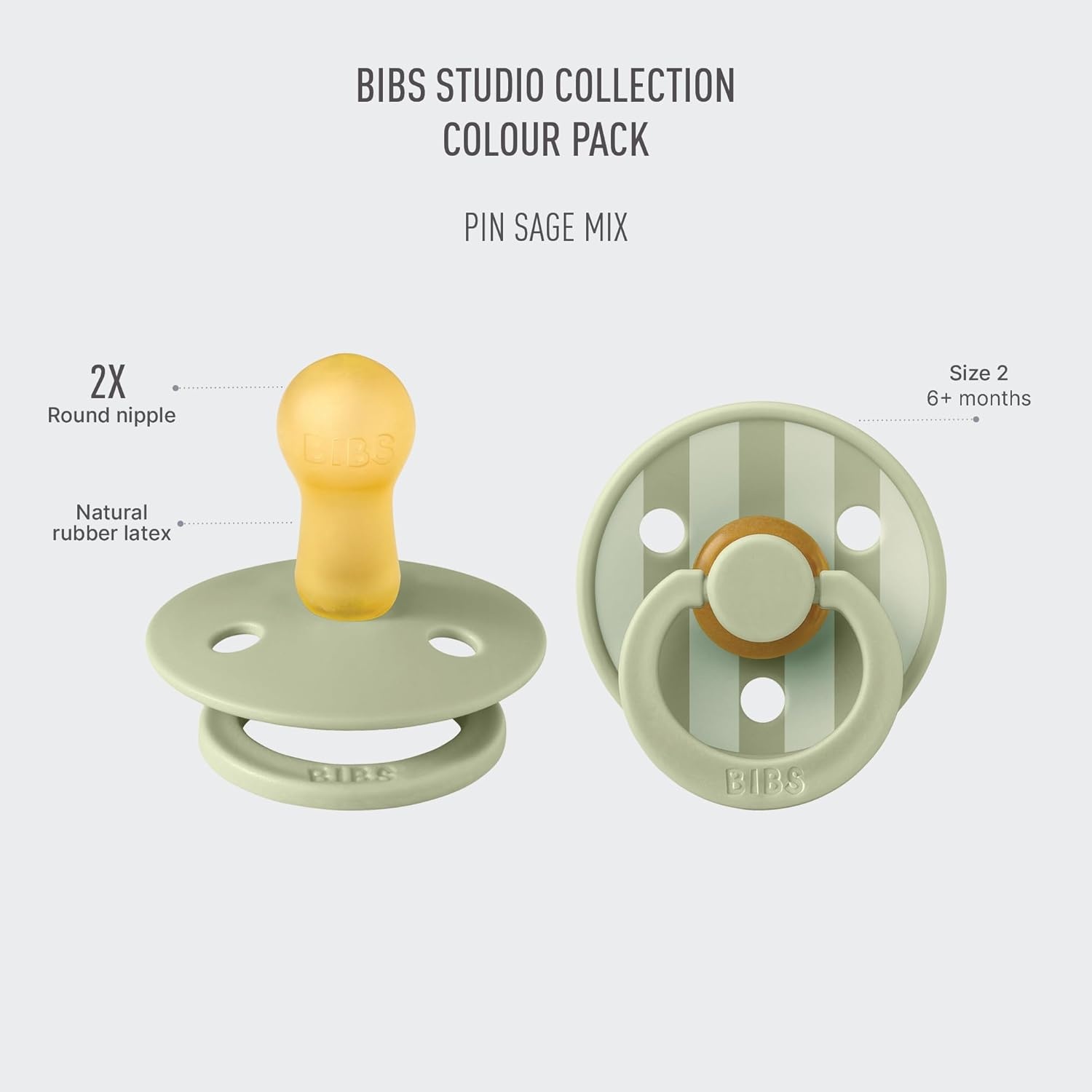 image:imageBIBS Pacifiers Studio 2 Pack Round Nipple Baby Pacifier BPA Free Natural Rubber Latex Soother Made in Denmark Size 0 Months Block SandPin Sage