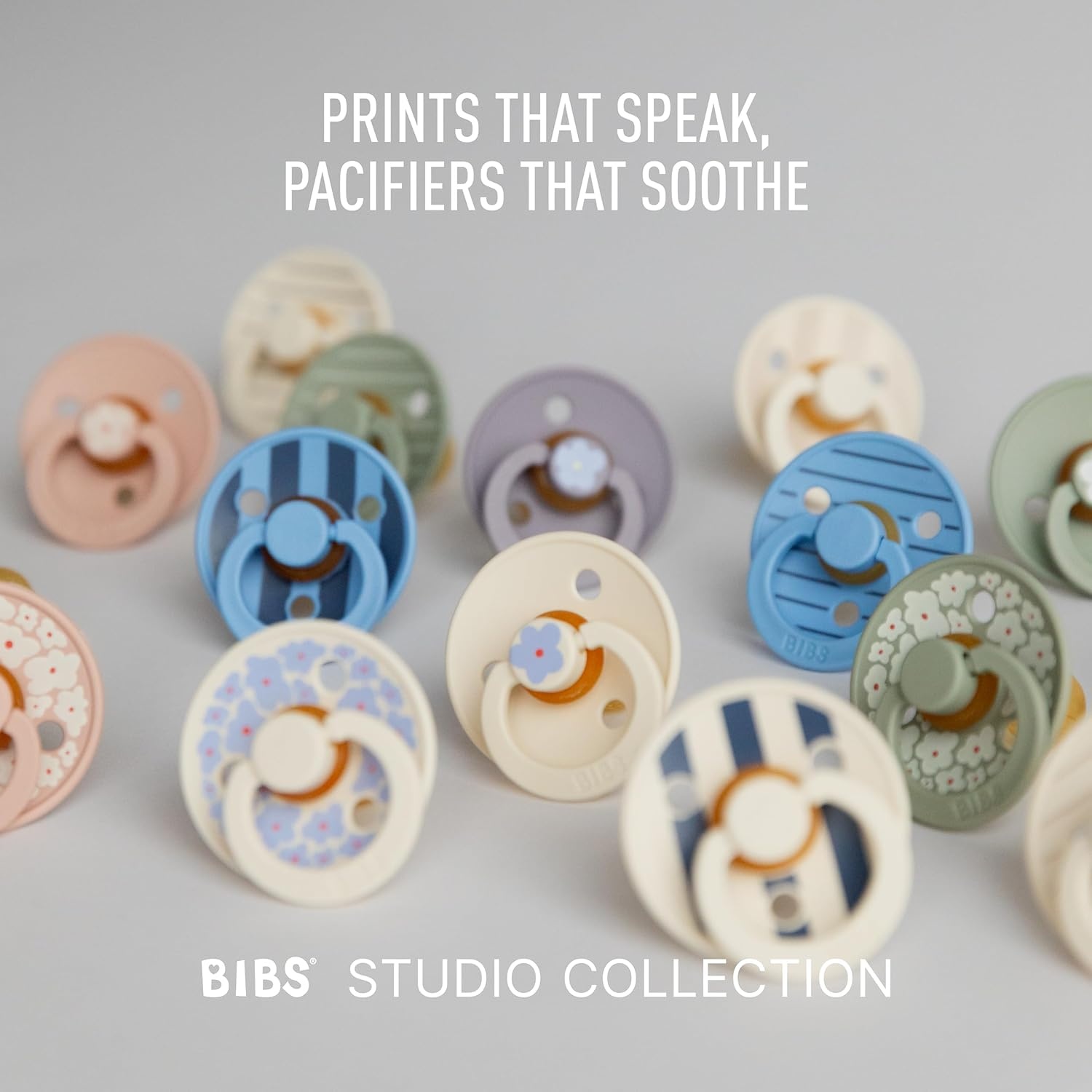image:imageBIBS Pacifiers Studio 2 Pack Round Nipple Baby Pacifier BPA Free Natural Rubber Latex Soother Made in Denmark Size 0 Months Block SandPin Sage