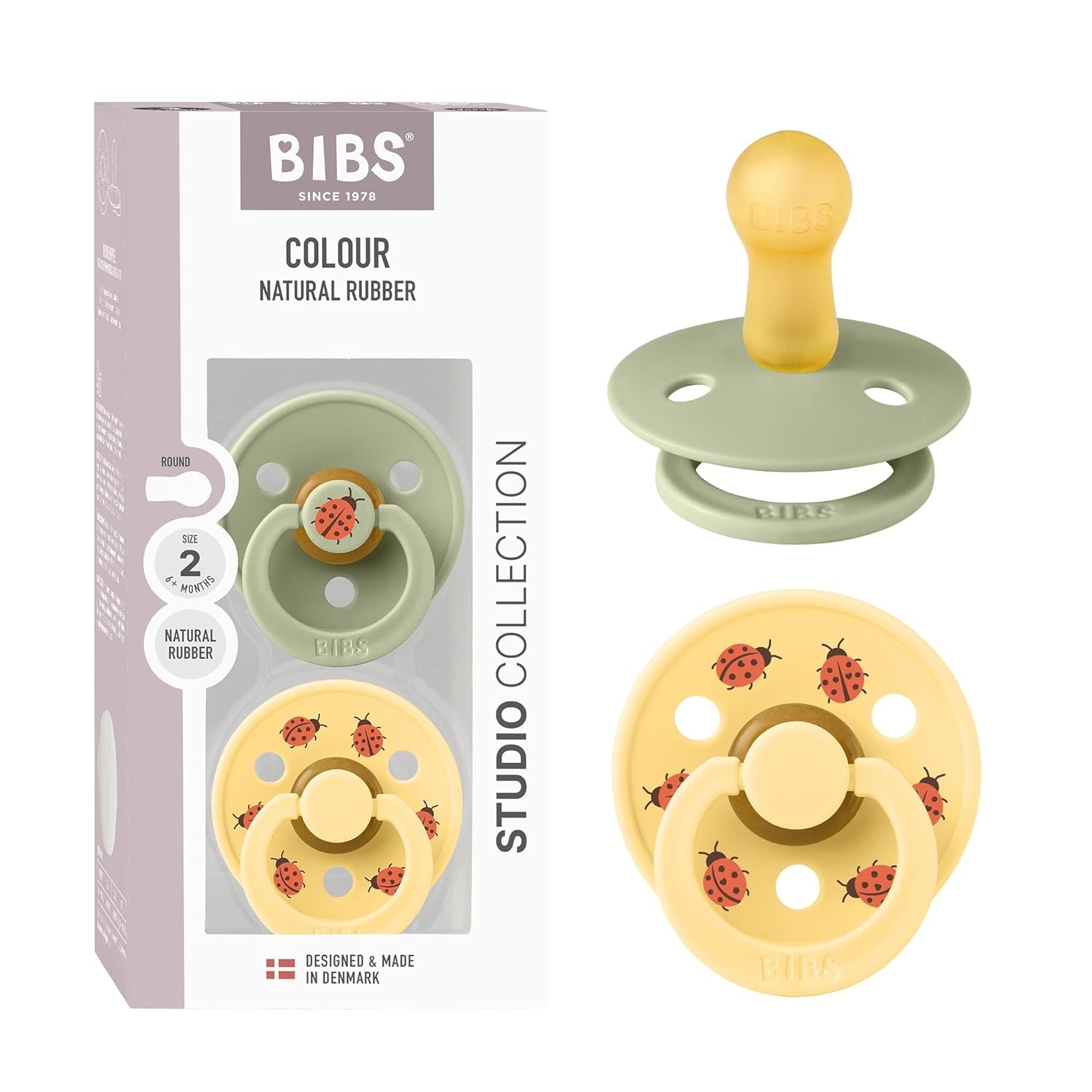 image:imageBIBS Pacifiers Studio 2 Pack Round Nipple Baby Pacifier BPA Free Natural Rubber Latex Soother Made in Denmark Size 0 Months Block SandSage Pale Butter