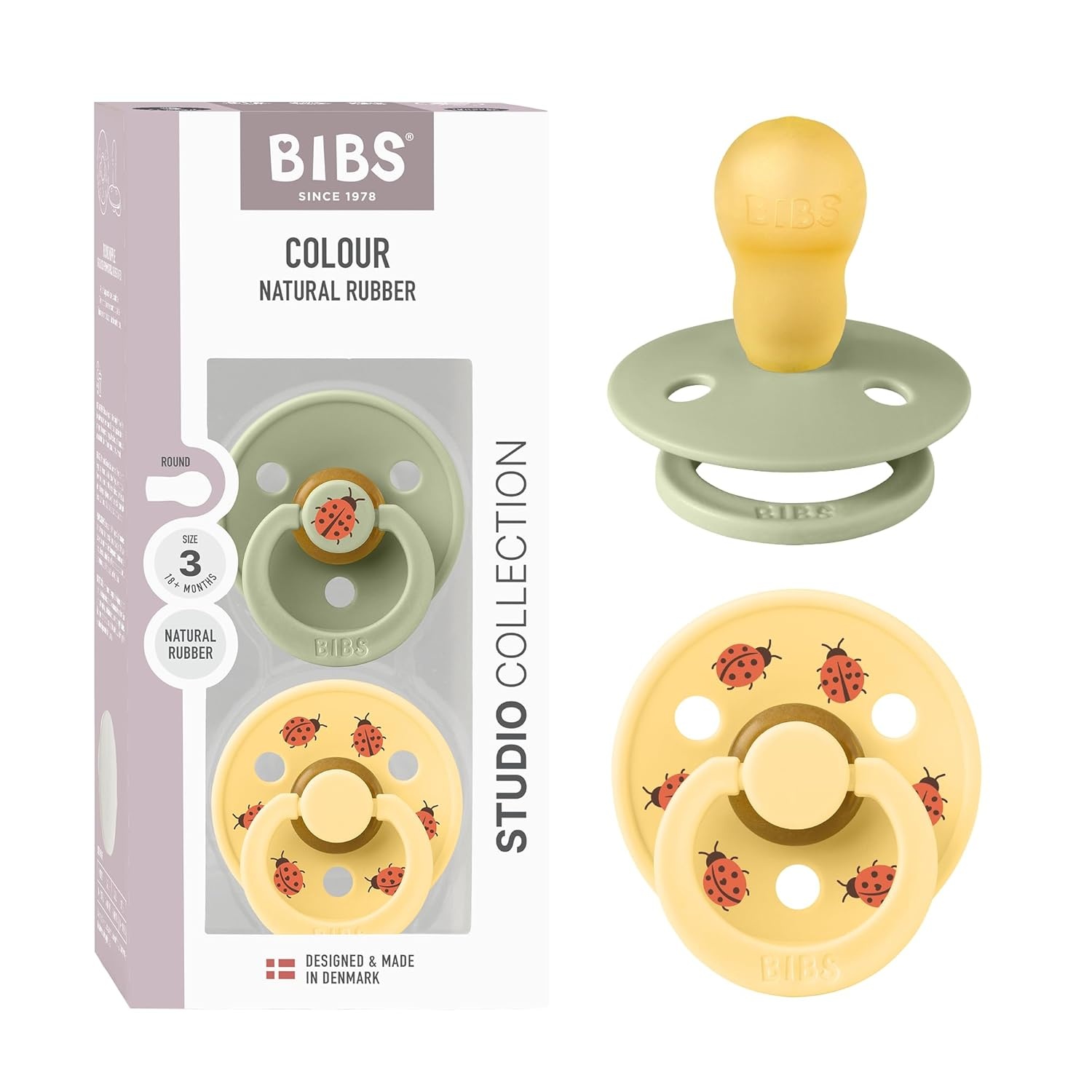 image:imageBIBS Pacifiers Studio 2 Pack Round Nipple Baby Pacifier BPA Free Natural Rubber Latex Soother Made in Denmark Size 0 Months Block SandSage Pale Butter