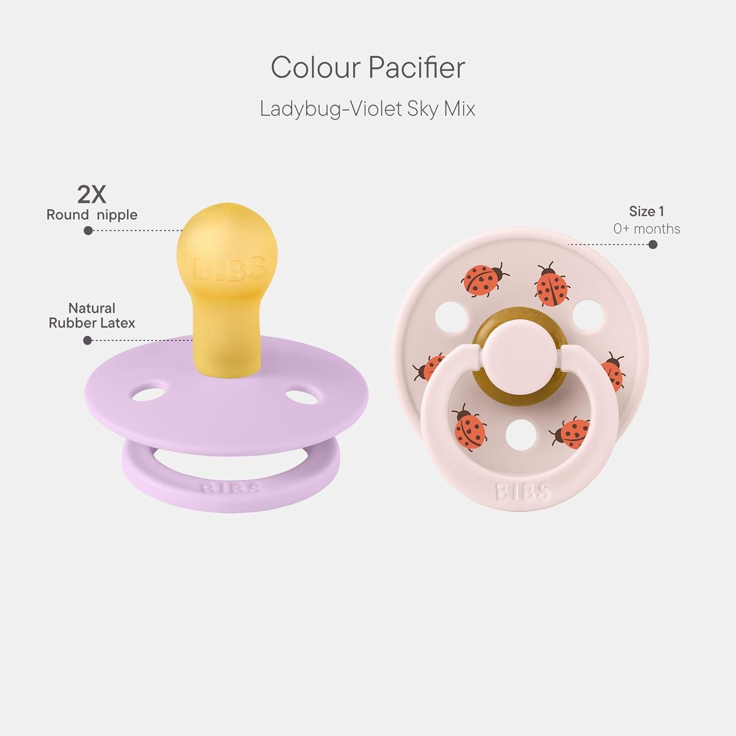 image:imageBIBS Pacifiers Studio 2 Pack Round Nipple Baby Pacifier BPA Free Natural Rubber Latex Soother Made in Denmark Size 0 Months Block SandViolet Sky Petal