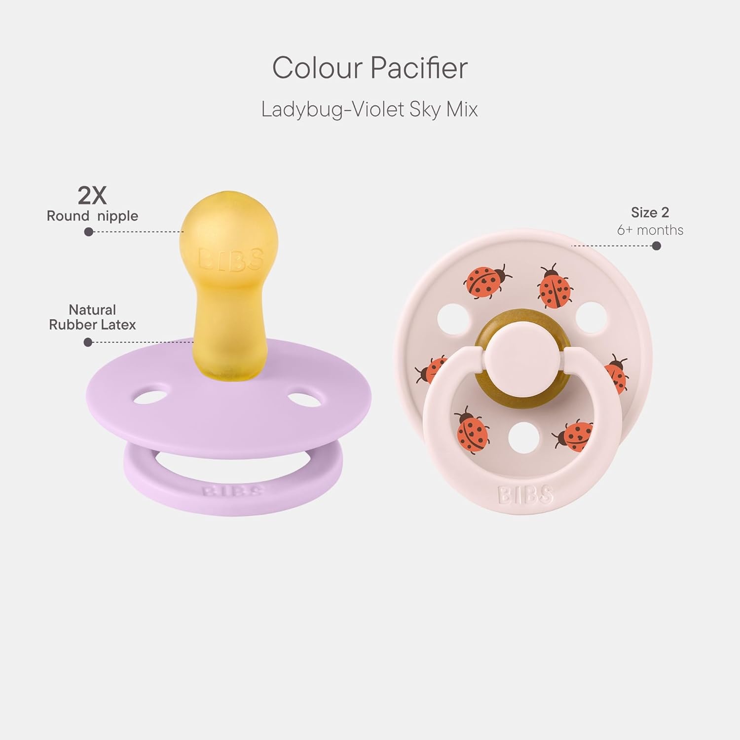 image:imageBIBS Pacifiers Studio 2 Pack Round Nipple Baby Pacifier BPA Free Natural Rubber Latex Soother Made in Denmark Size 0 Months Block SandViolet Sky Petal