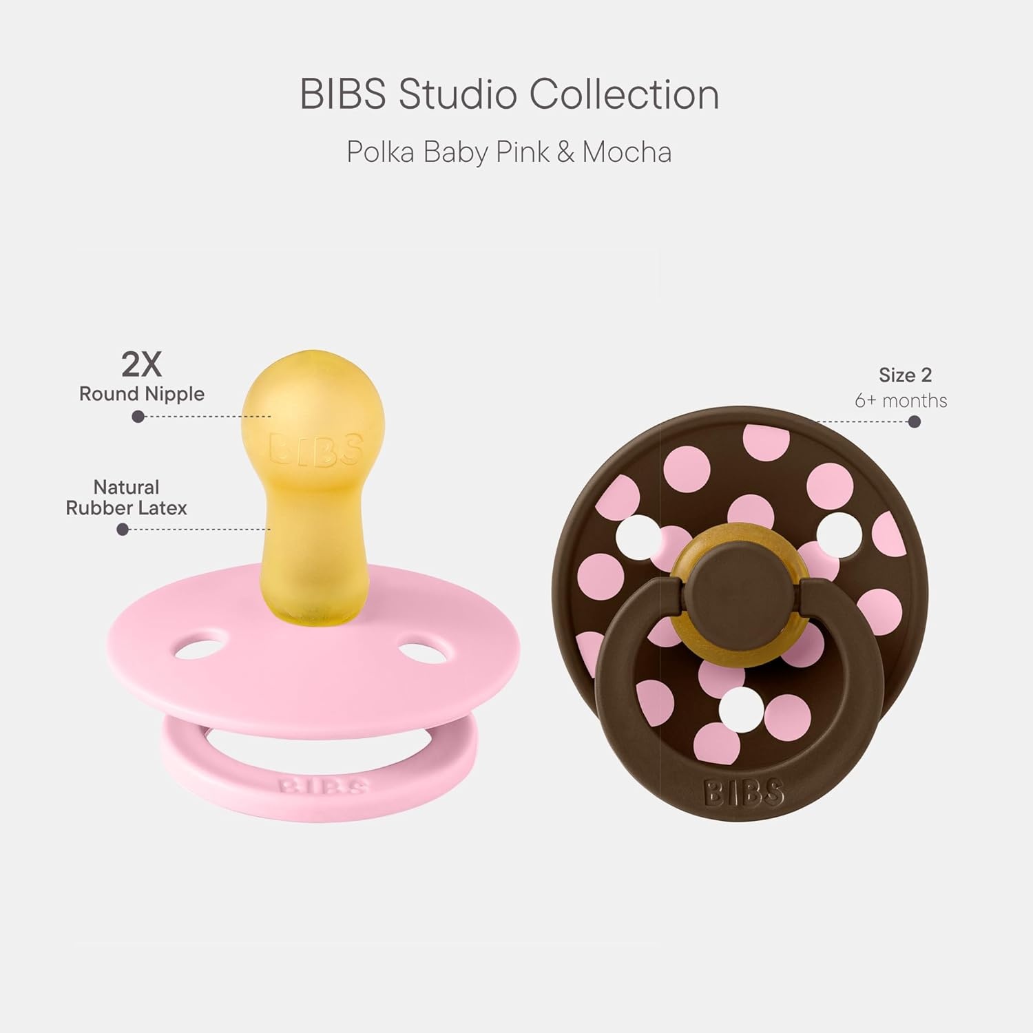 image:imageBIBS Polka Dots Pacifier 2Pack BPA Free Pacifiers with a Round Latex Nipple Made in Scandinavia Size 2 618 Months BlossomCandy AppleBaby Pink Mocha