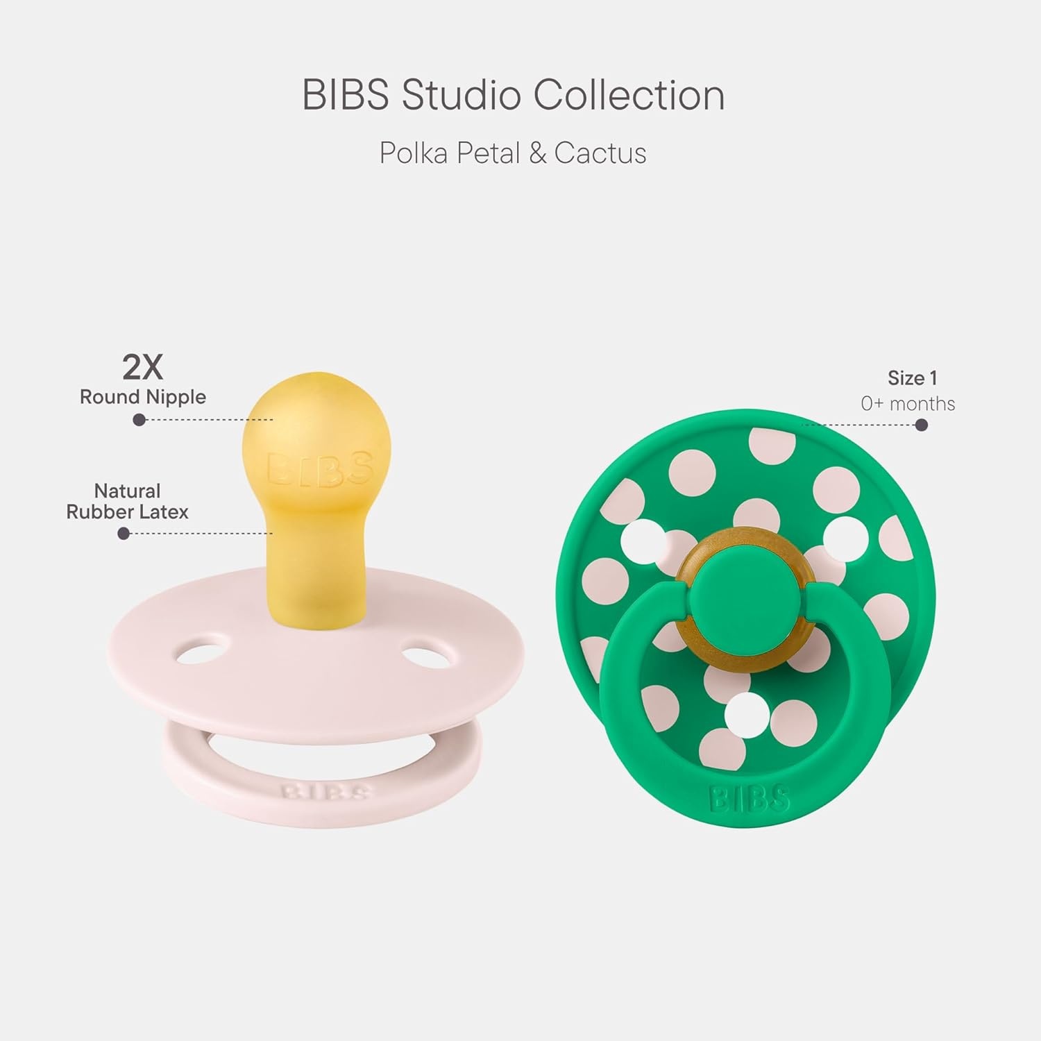 image:imageBIBS Polka Dots Pacifier 2Pack BPA Free Pacifiers with a Round Latex Nipple Made in Scandinavia Size 2 618 Months BlossomCandy ApplePetal Cactus