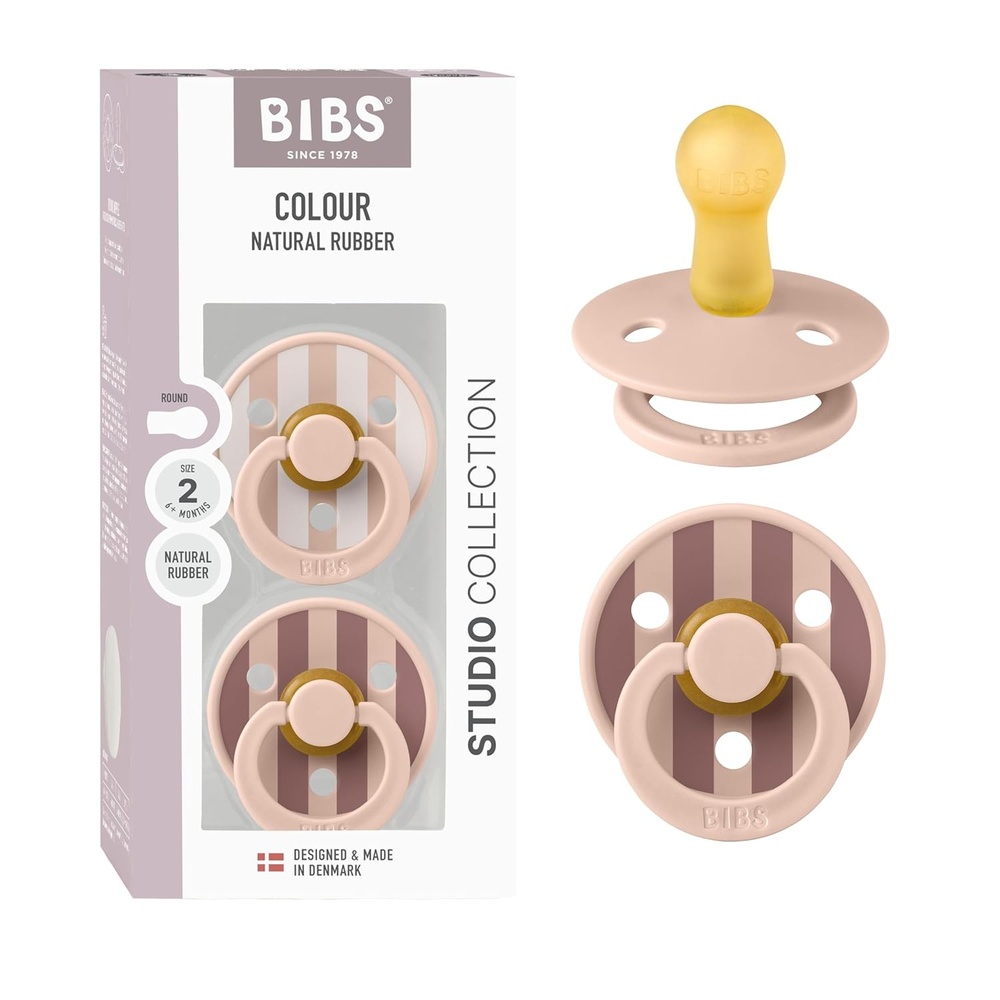 image:imageBIBS Pacifiers Studio 2 Pack Round Nipple Baby Pacifier BPA Free Natural Rubber Latex Soother Made in Denmark Size 0 Months Block SandBlock Blush