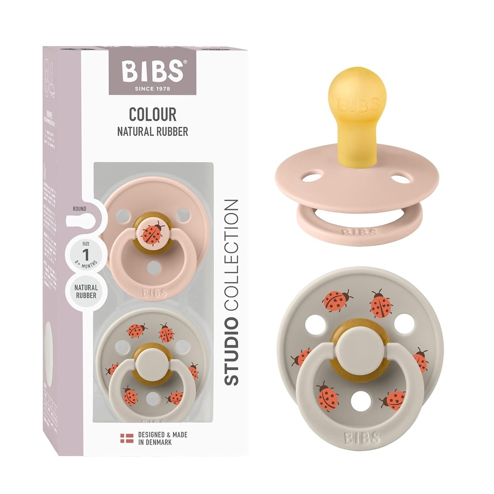 image:imageBIBS Pacifiers Studio 2 Pack Round Nipple Baby Pacifier BPA Free Natural Rubber Latex Soother Made in Denmark Size 0 Months Block SandBlush Sand