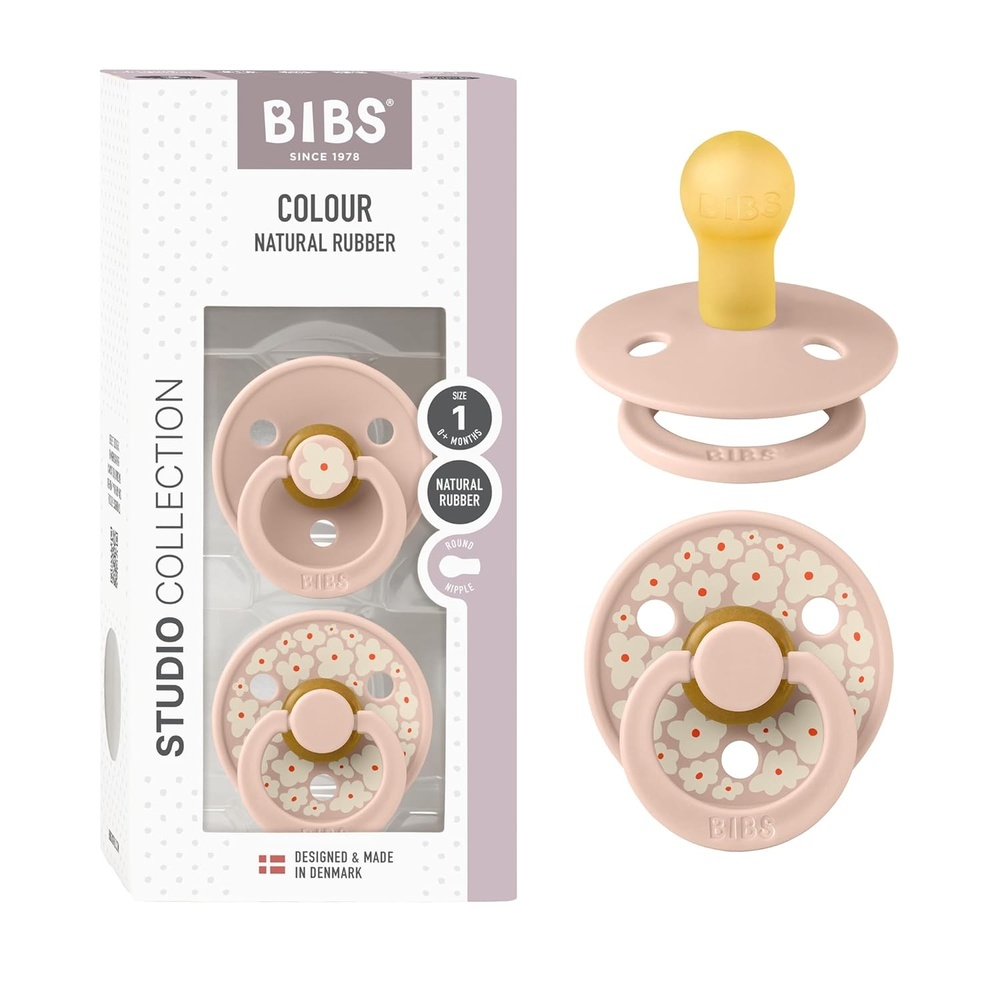image:imageBIBS Pacifiers Studio 2 Pack Round Nipple Baby Pacifier BPA Free Natural Rubber Latex Soother Made in Denmark Size 0 Months Block SandJasmine Blush Mix