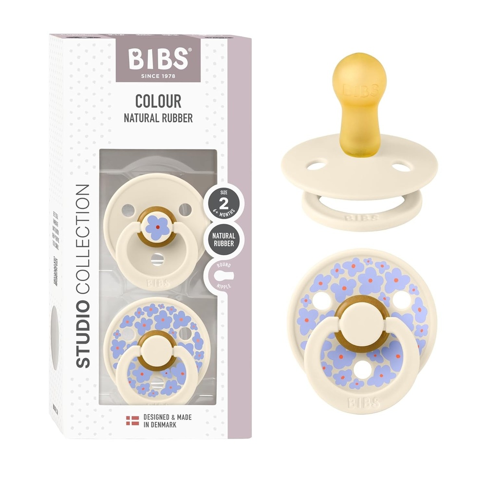 image:imageBIBS Pacifiers Studio 2 Pack Round Nipple Baby Pacifier BPA Free Natural Rubber Latex Soother Made in Denmark Size 0 Months Block SandJasmine Ivory