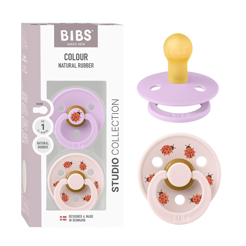 image:imageBIBS Pacifiers Studio 2 Pack Round Nipple Baby Pacifier BPA Free Natural Rubber Latex Soother Made in Denmark Size 0 Months Block SandViolet Sky Petal